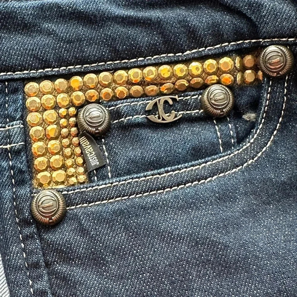 JUST CAVALLI Gold Stud Embellished Jeans Dark Wash Statement Slim Leg Jeans, 28 - Picture 5 of 16